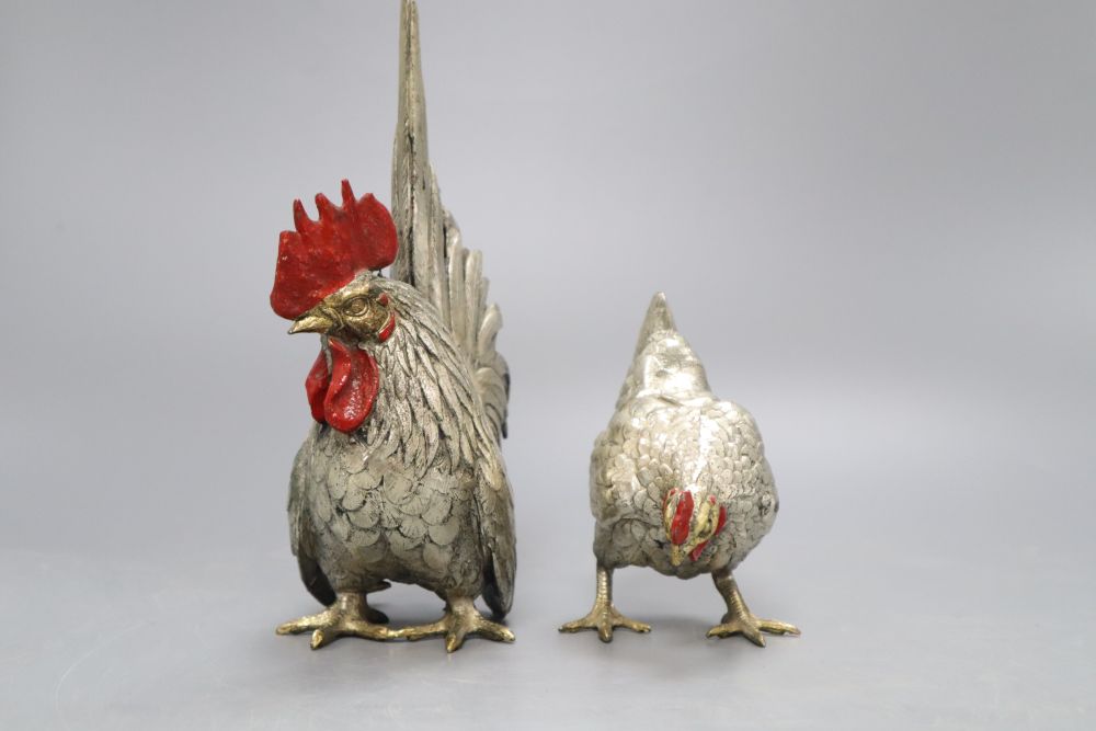 A pair of Japanese patinated metal chickens